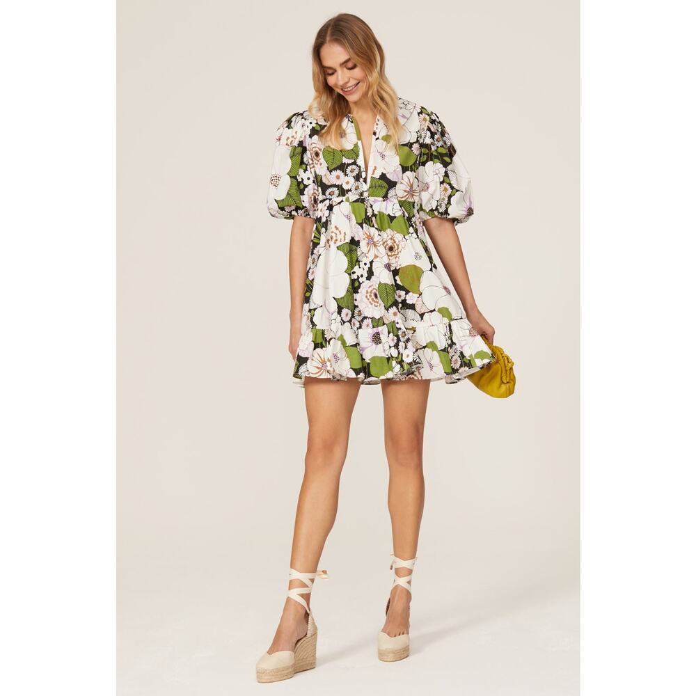 Maje Rafleur Floral Dress Ivory Green V-Neck Tiered Puff Sleeve Sz 42 EU / 10 US
